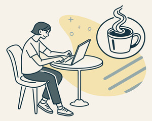 Woman working on laptop in cafe with coffee cup illustration