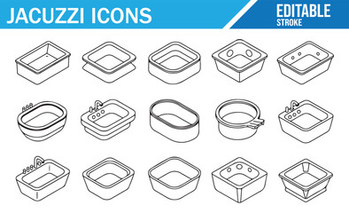 Minimal Line Jacuzzi Icons – Modern Bathroom Tub Illustration Set
