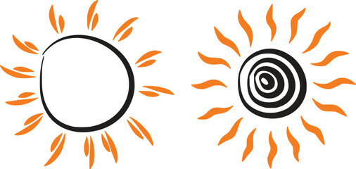 Vector art of two stylized sun symbols with orange rays and dark centers