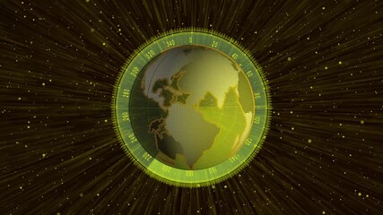 Digital yellow Earth globe with rotating compass and radial particle animation over global world screen .Yellow Digital Earth Globe with Compass Dial and Radial Particle Background world. - Powered by Adobe