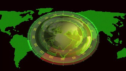 Green Digital World Map with Central Radar Globe and Compass Dial earth technology. High-tech green digital Earth map with radar globe and compass interface for modern technology display. - Powered by Adobe