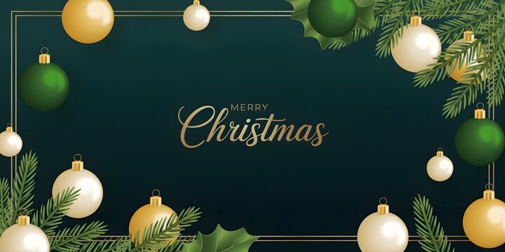 Elegant Merry Christmas banner, festive holiday celebration background, golden text, green and gold ornaments, pine, holly, seasonal greeting, luxurious illustration, New Year party