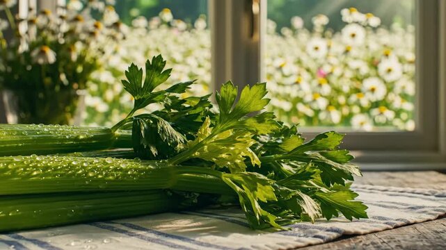 Fresh Celery on a Table - Freshly washed celery with water droplets sits on a striped cloth on a wooden surface. In the background, a window reveals a field of white daisies.