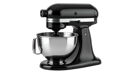 Glossy black countertop appliance, stainless steel bowl, angled right. Cooking tool