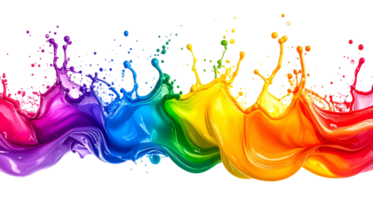 Vivid rainbow paint splashes against a black backdrop, creating a vibrant visual