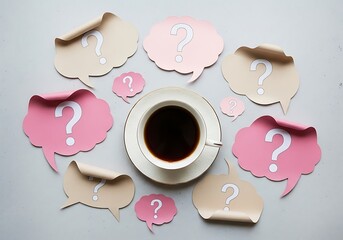 Overhead view of a cup of coffee surrounded by paper thought bubbles with question marks