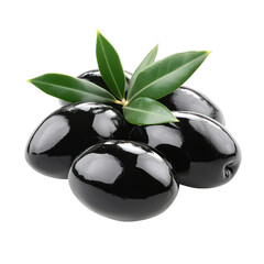 Kutae black olives with green leaves food photography minimalist style