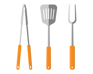Set of three essential barbecue grilling tools with orange handles isolated on white background