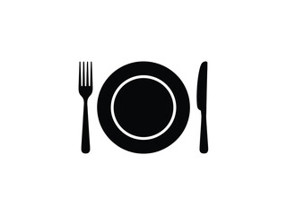 Simple black silhouette of a dinner plate with fork and knife