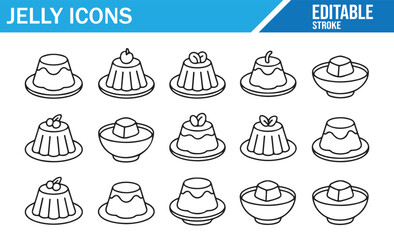 Vector Set of Jelly Icons – Editable Outline Stroke Dessert Illustrations, Pudding, Gelatin, Sweet Food Collection for Design, Menu, App, or Logo Templates, Minimal Linear Dessert Artwork