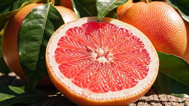 Fresh Grapefruit Still Life - A close-up shot shows a vibrant grapefruit cut in half, revealing its juicy pink flesh and segments.