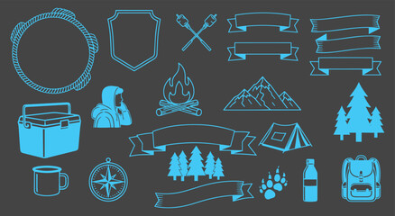 An assortment of outdoor-themed graphic resources are arranged on a dark background, this eye-catching graphic collection, offering versatility for a variety of projects.