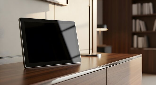 Modern Digital Tablet Displaying Blank Black Screen on a Polished Wooden Desk in a Brightly Lit Office Interior