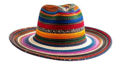 A multi-colored fedora hat with bold stripes, flat brim, and a neutral background