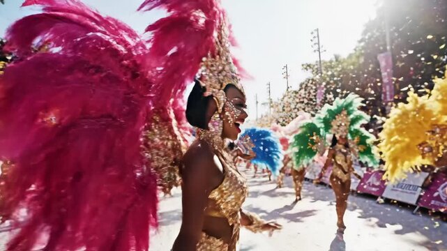 Beautiful Woman in Carnival Costume Smiling - A woman in an elaborate carnival costume smiles wide, wearing a jeweled headdress, matching neck piece, and sequined top.