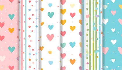 Assorted colorful heart and dot patterns on white backgrounds
