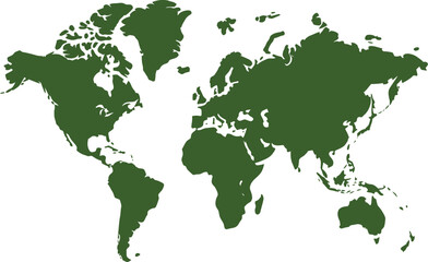 Obraz premium Minimalist dark green world map silhouette, a flat vector illustration depicting global connectivity, environmental awareness, and geographical data, ideal for modern digital design projects