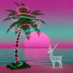 Retro Synthwave Sunset Ocean Scene With A Palm Tree Decorated With Neon Lights And A Wireframe Deer Model On The Beach