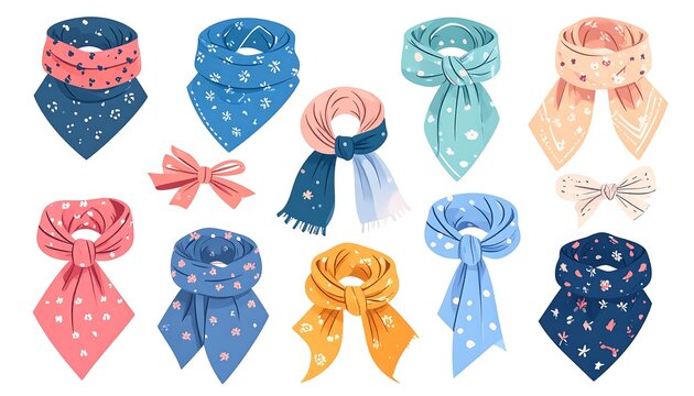 Assorted colorful, patterned scarves and bows in a vector illustration