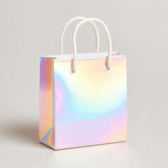 Iridescent gift bag with rope handles stands on a light surface.