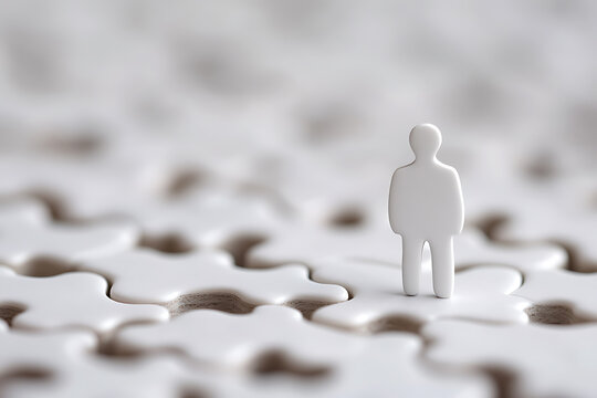 A miniature, plain white figure stands on interconnected jigsaw pieces, conveying concepts like integration, individuality, and finding one's place in a cohesive group. - Powered by Adobe