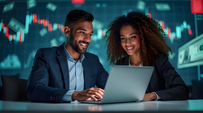 Business team analyzing financial data on laptop with growth chart background