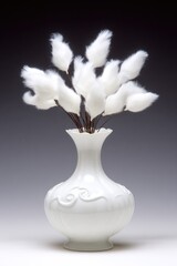 White fluffy decorative stems in an ornate porcelain vase.