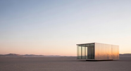 Fototapeta premium Modern minimalist glass cube structure in a vast desert landscape at sunset