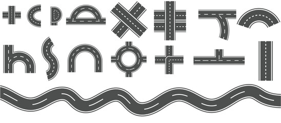 City road and highway top view. Wavy winding curves  Street and road with footpaths and crossroads. Highway top view. Circle and curve roadway parts. Track asphalt junction. Automobile traffic. Vector