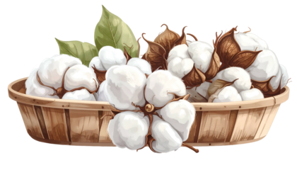 Rendered illustration of a wooden basket brimming with fluffy white cotton bolls and leafy sprigs
