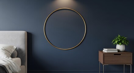 Stylish Bedroom Interior Featuring A Golden Circular Wall Decor Above A Bed With Contemporary Nightstand And Lush Green Plant