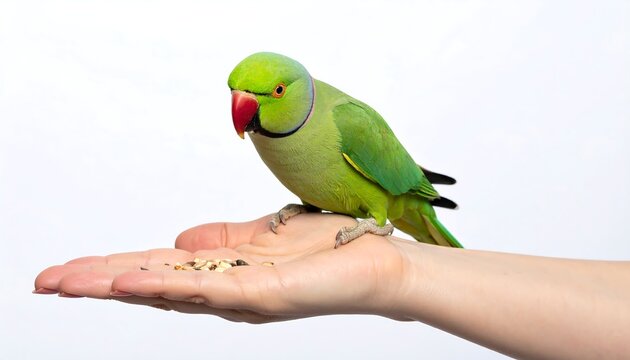 Bright green bird perched on a hand with birdseed
