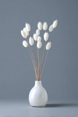 Fluffy white seed pods arranged in a white vase against a gray background.