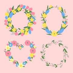 Charming Concept Collection of Vibrant Spring Floral Wreaths and Frames Perfect for Festive Greetings, Seasonal Celebrations, and Decorative Design Elements with Hand-Drawn Blossom Borders