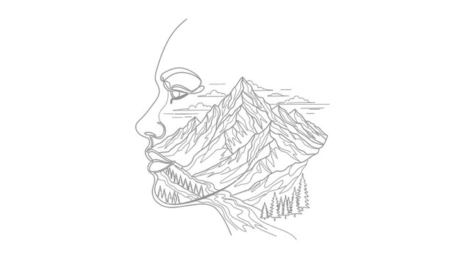 Artistic vector illustration of human profile merging with mountain landscape outline