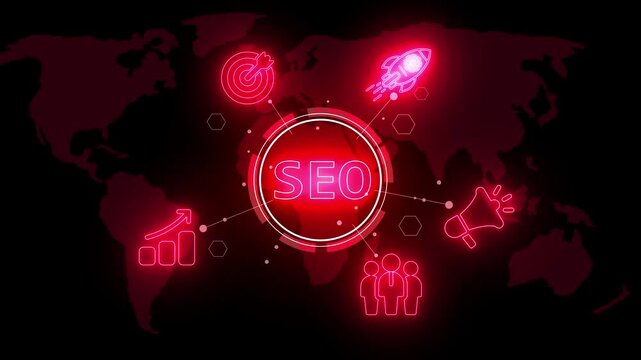 Neon SEO Icons Connected to World Map with Glowing Red Center and Business Concepts Keywords: SEO, search engine optimization, digital marketing, online advertising, business strategy, global