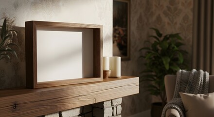 Warm Living Room Interior With Illuminated Fireplace Mantel Displaying Empty Picture Frame And Cozy Furniture, Soft Natural Light.