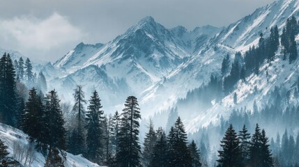 misty snow covered mountains and forest