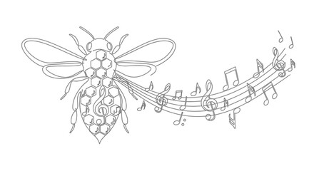 Whimsical vector illustration of a bee with musical notes flowing artistically