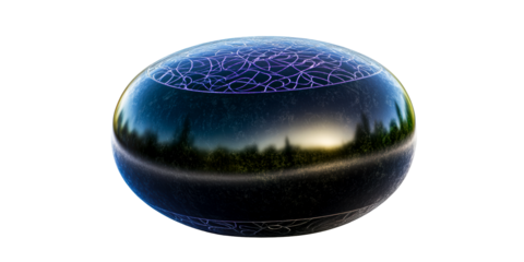 Dark Sphere with Intricate Engraved Pattern and Landscape Reflection, cut out transparent