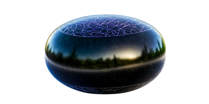 Dark Sphere with Intricate Engraved Pattern and Landscape Reflection, cut out transparent