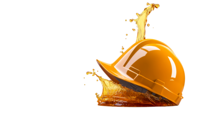 Orange hard hat with liquid splash and droplets, cut out transparent