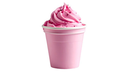 A swirl of pink frozen dessert in a matching cup, sprinkled with tiny red bits