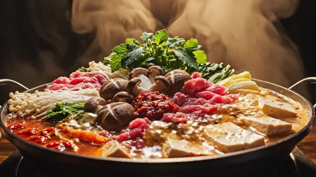 Steaming Hot Pot of Korean Budae Jjigae - A close-up of a steaming pot of Korean Budae Jjigae, also known as army stew.
