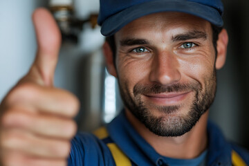 Positive plumber gives thumbs up. Close-up of a confident repairman in work clothes with a reassuring gesture. Trustworthy service represented by a skilled tradesman.