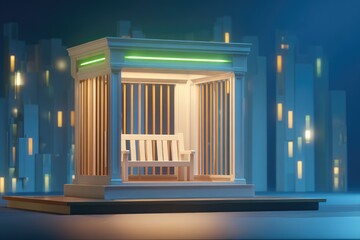 Minimalist building with a bench glows in the city at night.