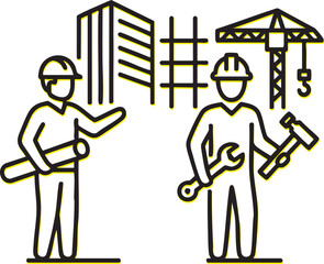 Construction Professionals Architects and Builders Illustrated with Line Art Icons for Design Projects