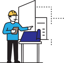 Architect in a yellow hard hat reviewing construction blueprints on a table with building outlines in the background