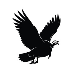Fototapeta premium Flying turkey silhouette with wings extended in dynamic pose, black vector illustration representing bird and wildlife motion