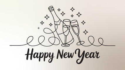 New Year 2026 Line Art with Balloons Champagne and Fireworks
